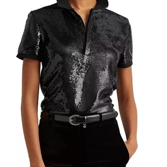Ralph Lauren Black Sequin Polo Short Sleeve Top (Black Label) size S - Picture 1 of 12